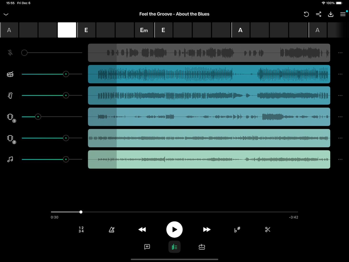 A screenshot of the app Moises on iPad, showing six horizontal bars that represent the vocals, drums, guitar, and bass. Below the bars are a series of icons; above the bars are letters signaling key changes.