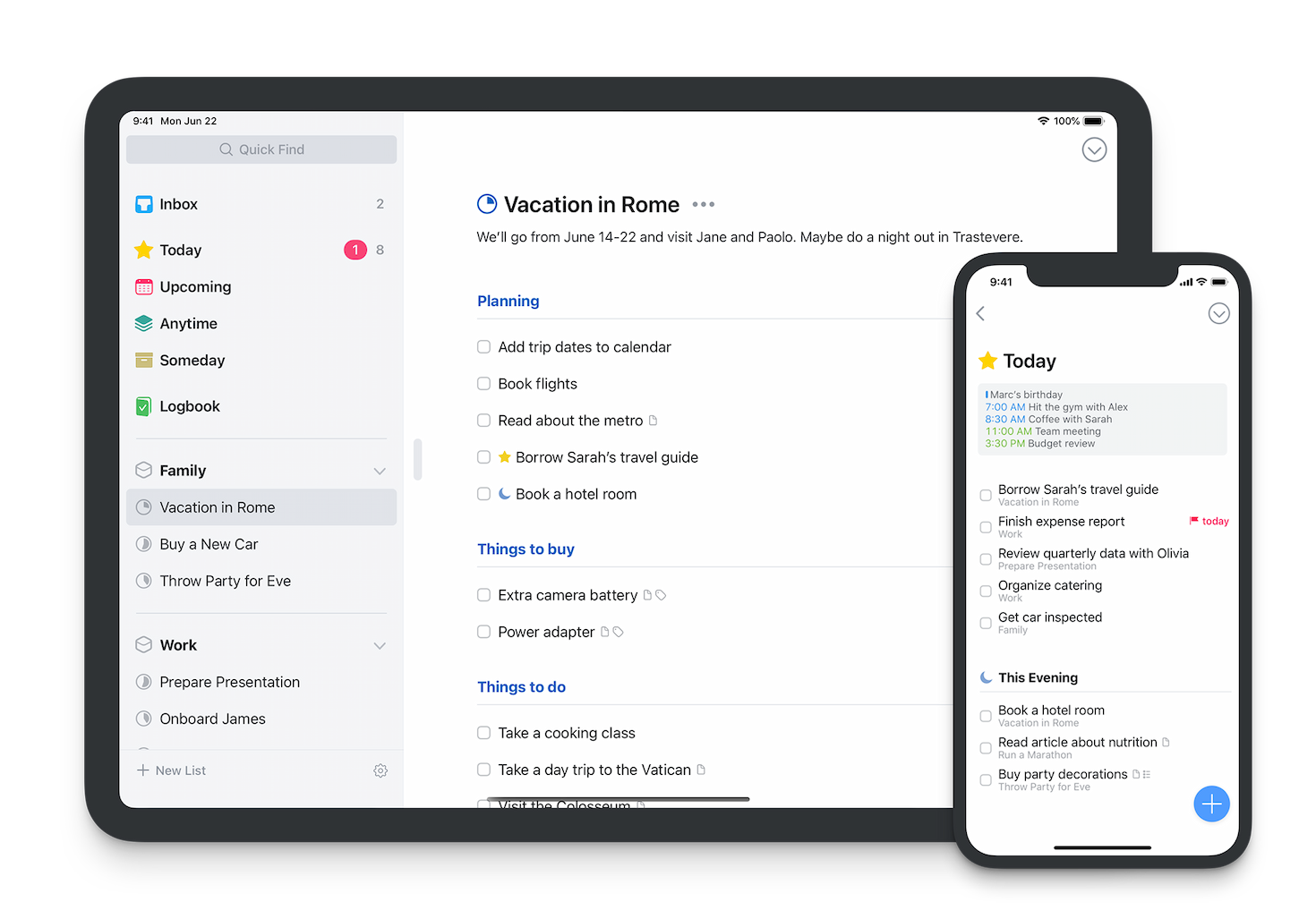 Screenshots of the App Things on iPad and iPhone, both showing the app's to-do list screens made of up of organized checkboxes against a white background.
