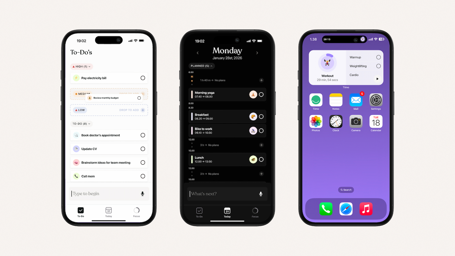 A collage of three screenshots from the app Tiimo. The first shows a to-do list against a white background. The second shows calendar entries for Monday against a black background. And the third shows Tiimo's widget, which shows a workout timer and list items for "warmup," "weightlifting," and "cardio."