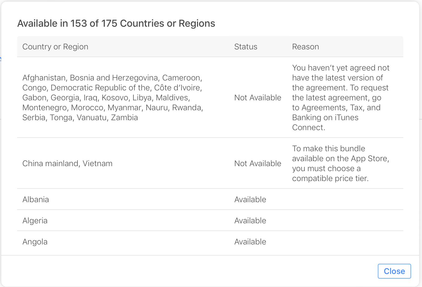 Screenshot of the Countries or Regions detail page, where a table lists all the countries and regions, showing your app bundle's status in each one. When applicable, the table also provides a reason why the app bundle isn’t available in a particular country or region.