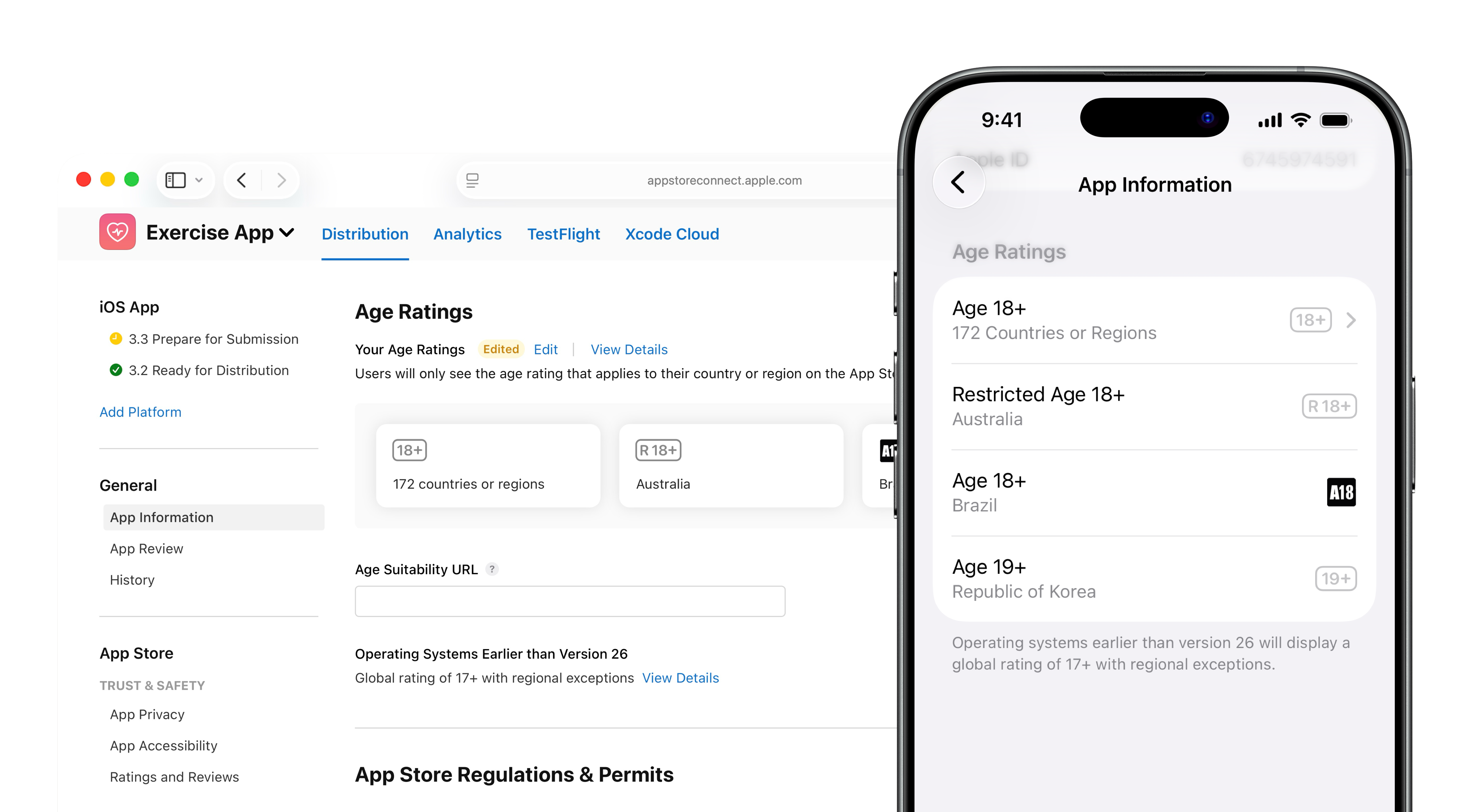 A screenshot of the 'App Information' page. In the 'Age Ratings' section, under 'Your Age Ratings', the calculated age ratings are displayed, such as '18+' for 172 countries and 'R 18+' for Australia. Next to 'Your Age Ratings', there are clickable links: 'Edit' and 'View Details'. On the right, there's a screenshot of an app's App Store product page. Under Age Ratings section, same age ratings in App Store Connect are displayed.