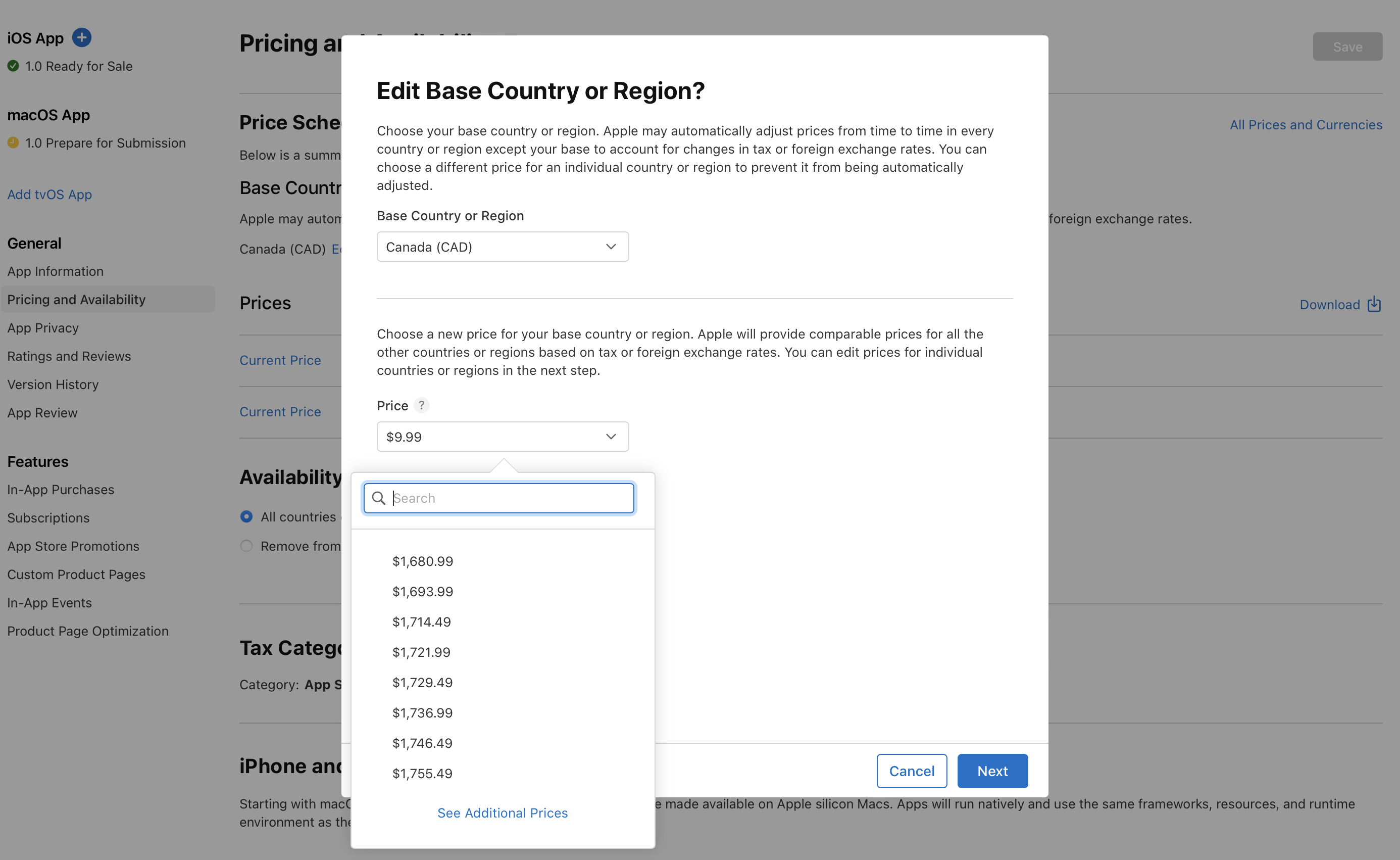 Screenshot of the Edit Base Country or Region? dialog, where there are pull-down menus for the Base Country or Region section and the Price section. The pull down menu under the Price section is open, listing a few price points. At the bottom of the dialog, the Cancel and Next buttons are on the right.