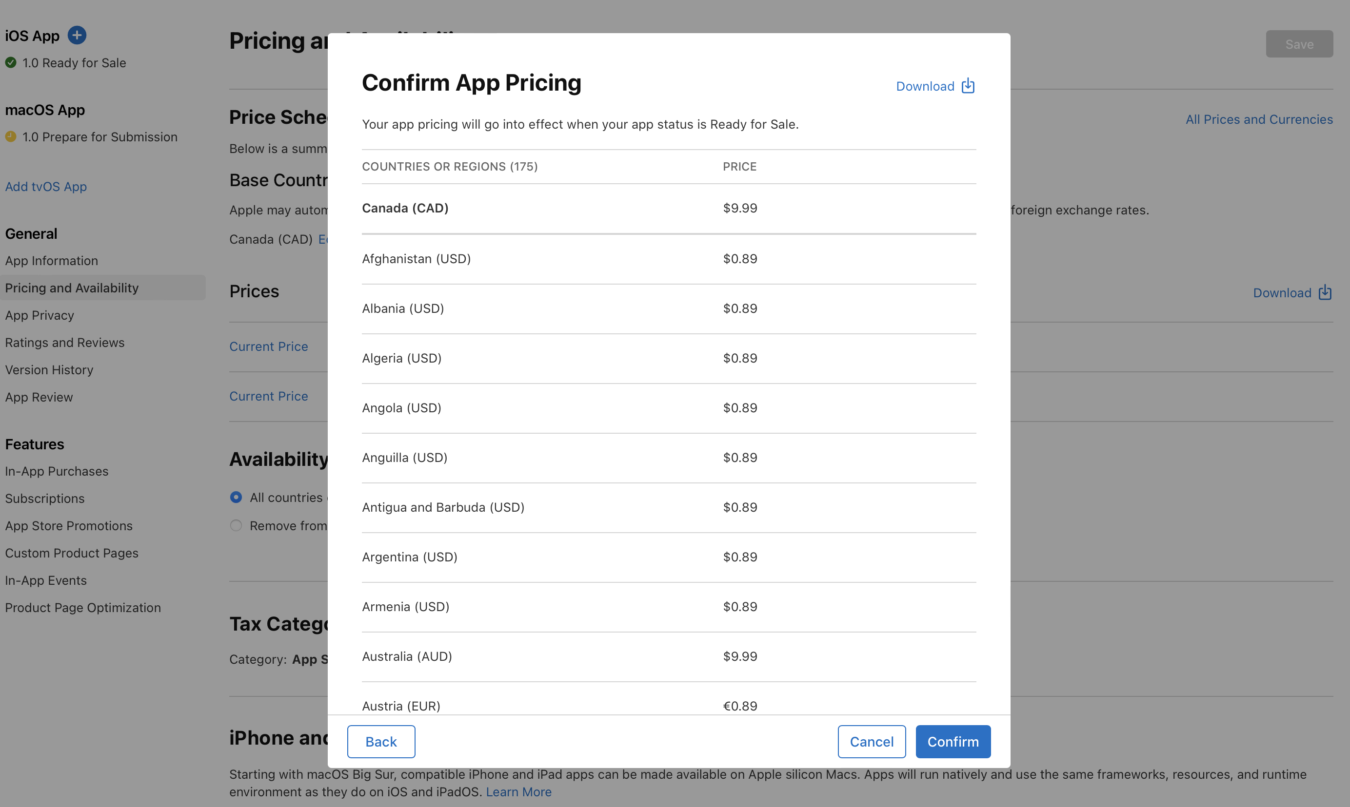 Screenshot of  the Confirm App Pricing dialog, where the prices for all other countries or regions are listed. At the bottom of the dialog, the Back button is on the left, and the Cancel and Next buttons are on the right.