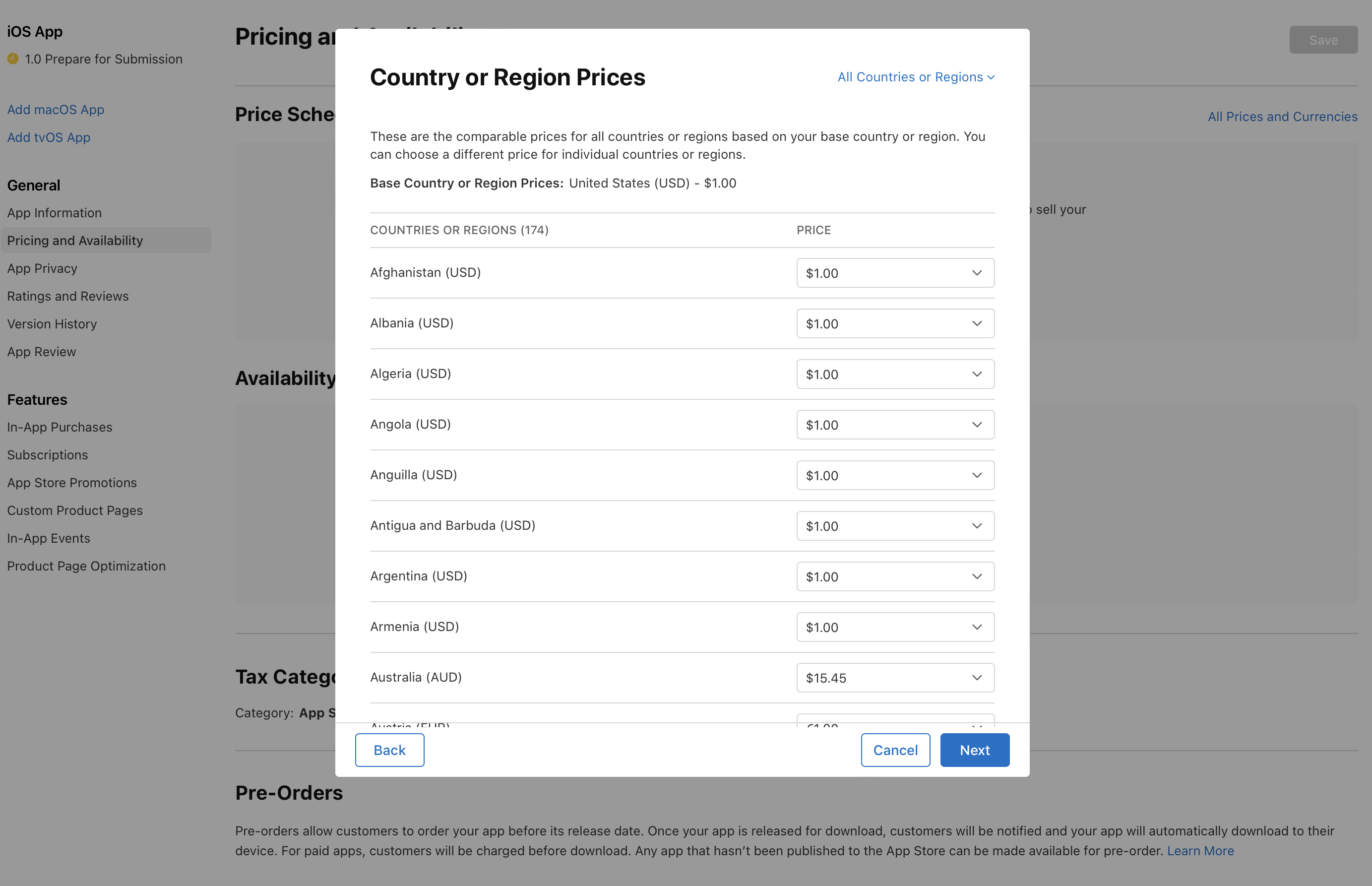 Screenshot of the Country or Region Prices dialog, which has comparable prices for all other countries or regions that are listed. Each prices are editable. At the bottom of the dialog, the Back button is on the left, and the Cancel and Next buttons are on the right.