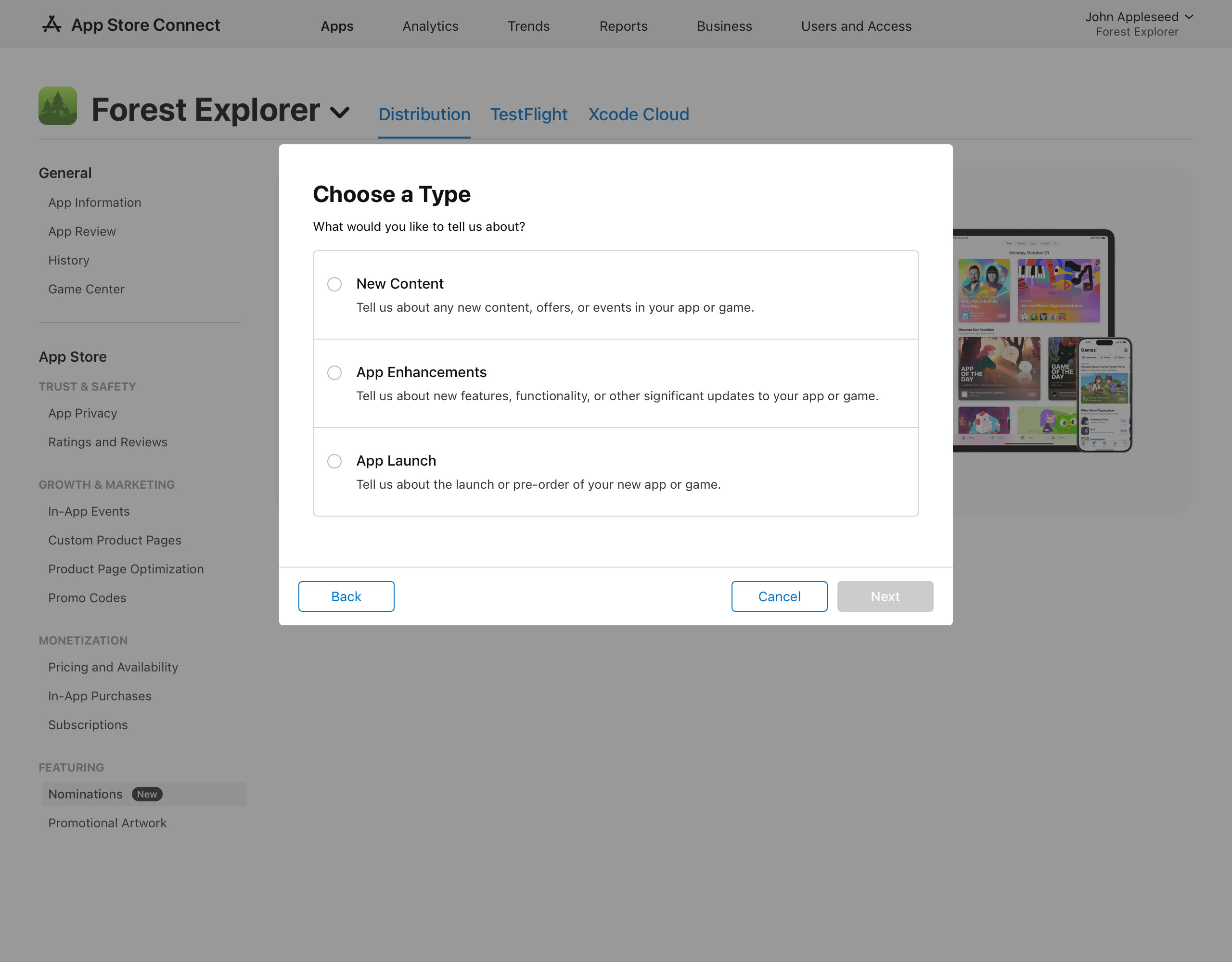 Screenshot of the Choose a Type dialogue which lists selectable type of nominations: New Content, App Enhancements, and App Launch. At the bottom of the dialog, the Back button is on the left, and the Cancel and Next buttons are on the right.