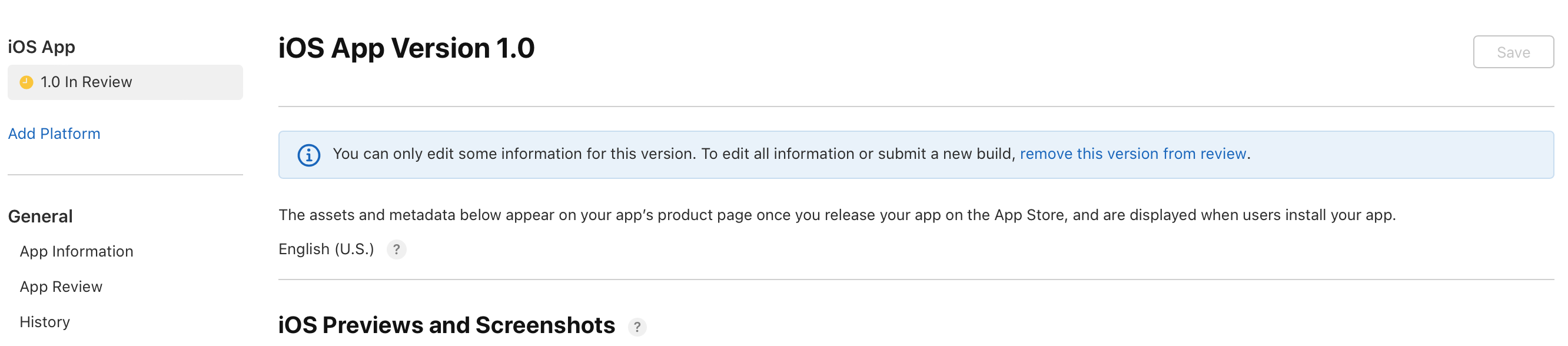 Screenshot of the app version detail page. On the top of the page, there is text stating, "You can only edit some information for this version. To edit all information or submit a new build, remove this version from review." The “remove this version from review” part is clickable.