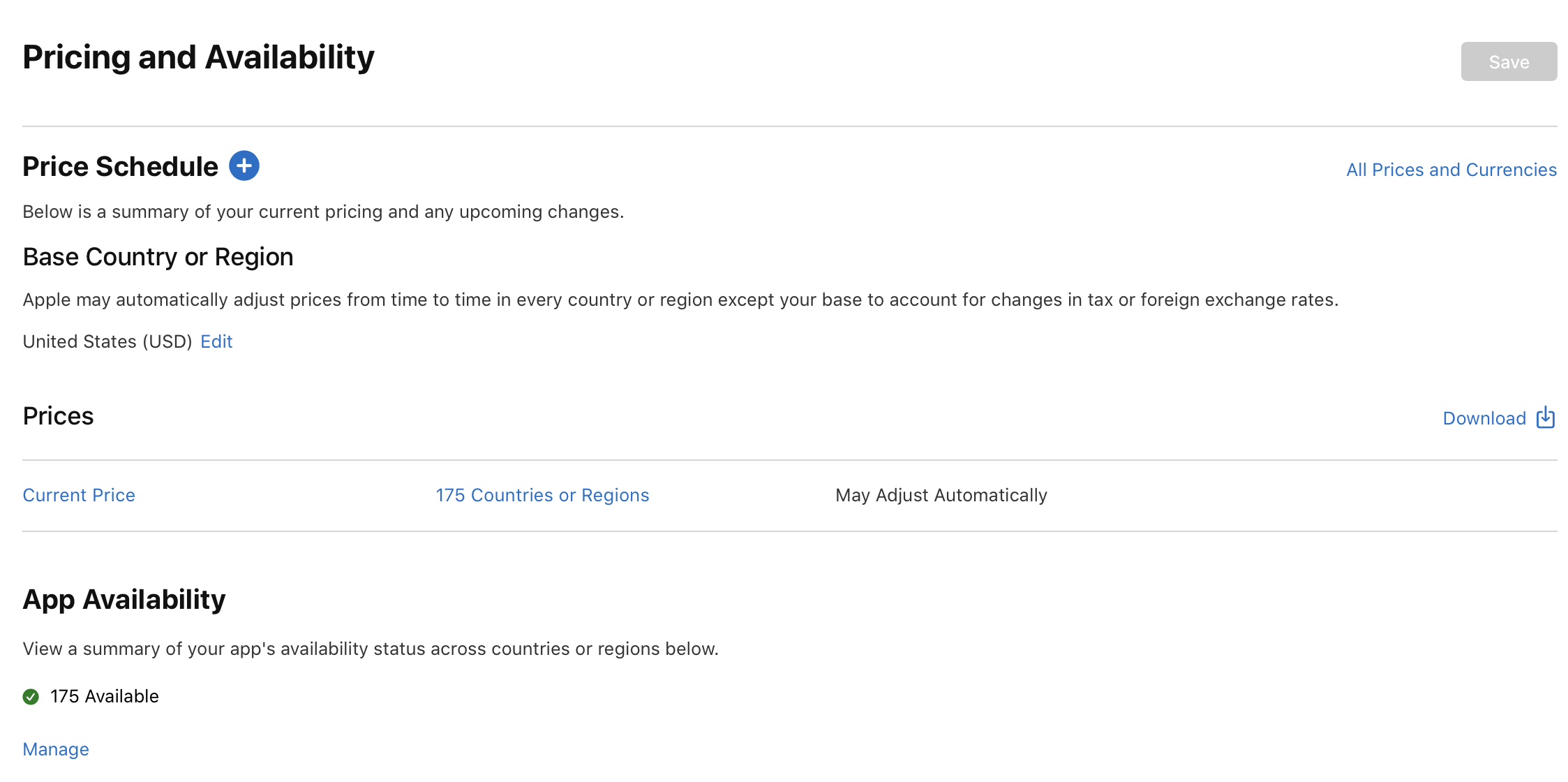 Screenshot of the Pricing and Availability page, where the App Availability section has a Manage link.