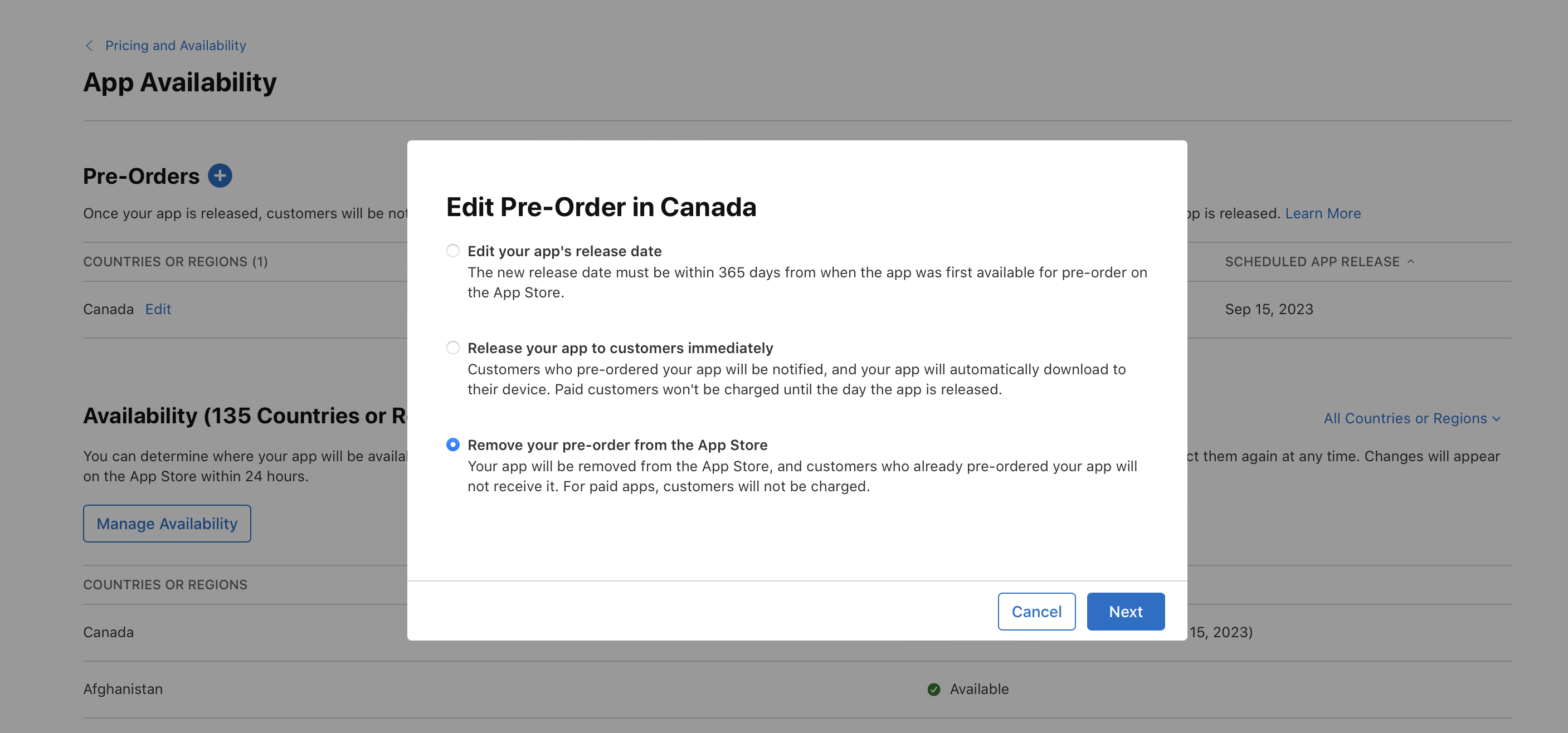 Screenshot of the Edit Pre-Order in Canada dialog, where there are three options: "Edit your app's release date", "Release your app to customers immediately", and "Remove your pre-order from the App Store". The "Remove your pre-order from the App Store" option is selected. At the bottom, Cancel and Next buttons are on the right.