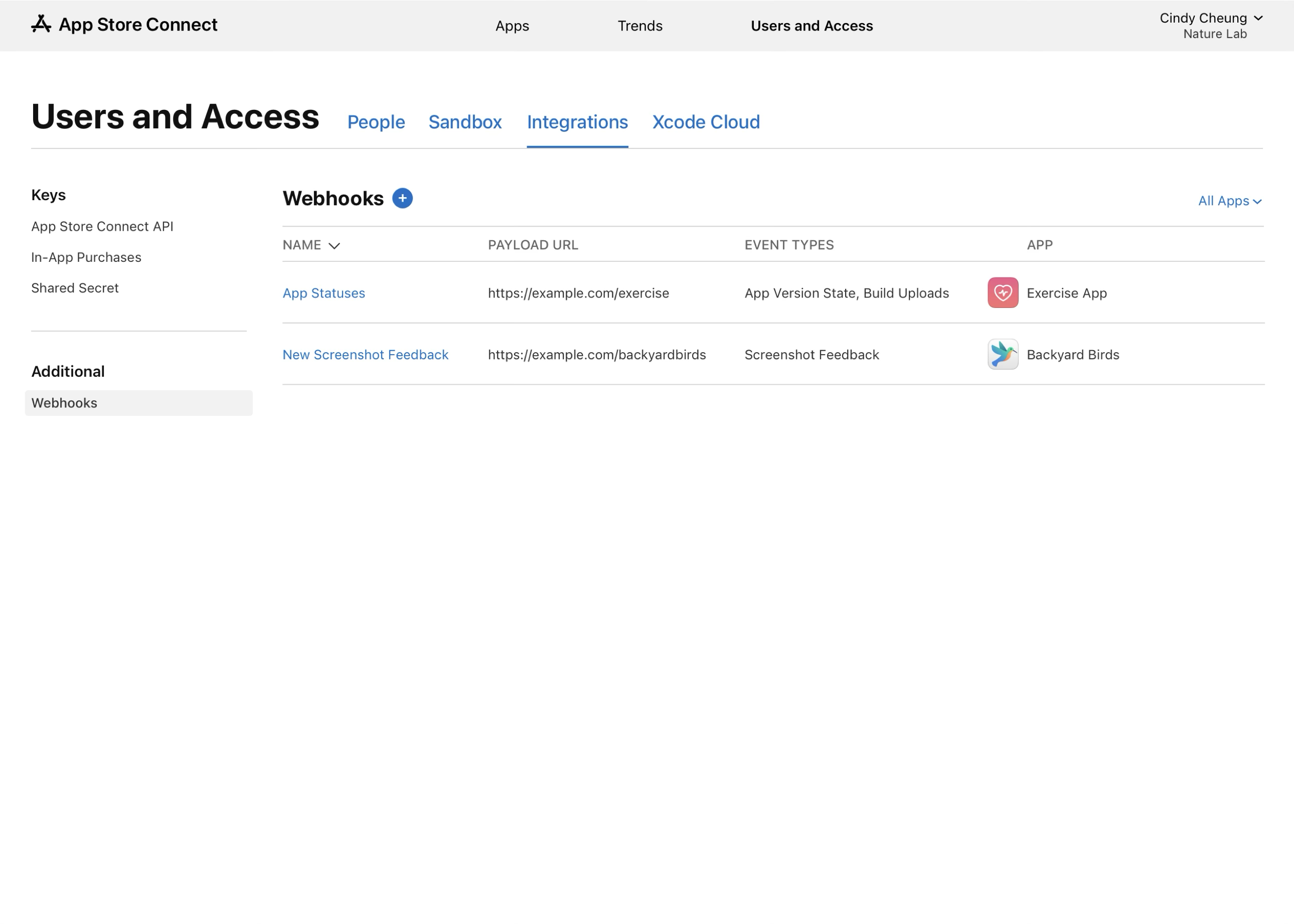 Screenshot of the Users and Access section which displays a table with columns for Name, Payload URL, Event Types, and App. Two webhooks are listed: App Statuses linked to Exercise App and New Screenshot Feedback linked to Backyard Birds. A plus button is visible to add new webhooks.
