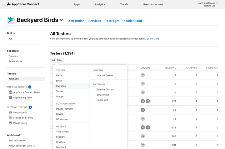 Screenshot of the Testers section on the All Testers page, which includes an Add Filter button that displays a filter menu with categories such as Tester, Configuration, Metrics, Internal, and External.